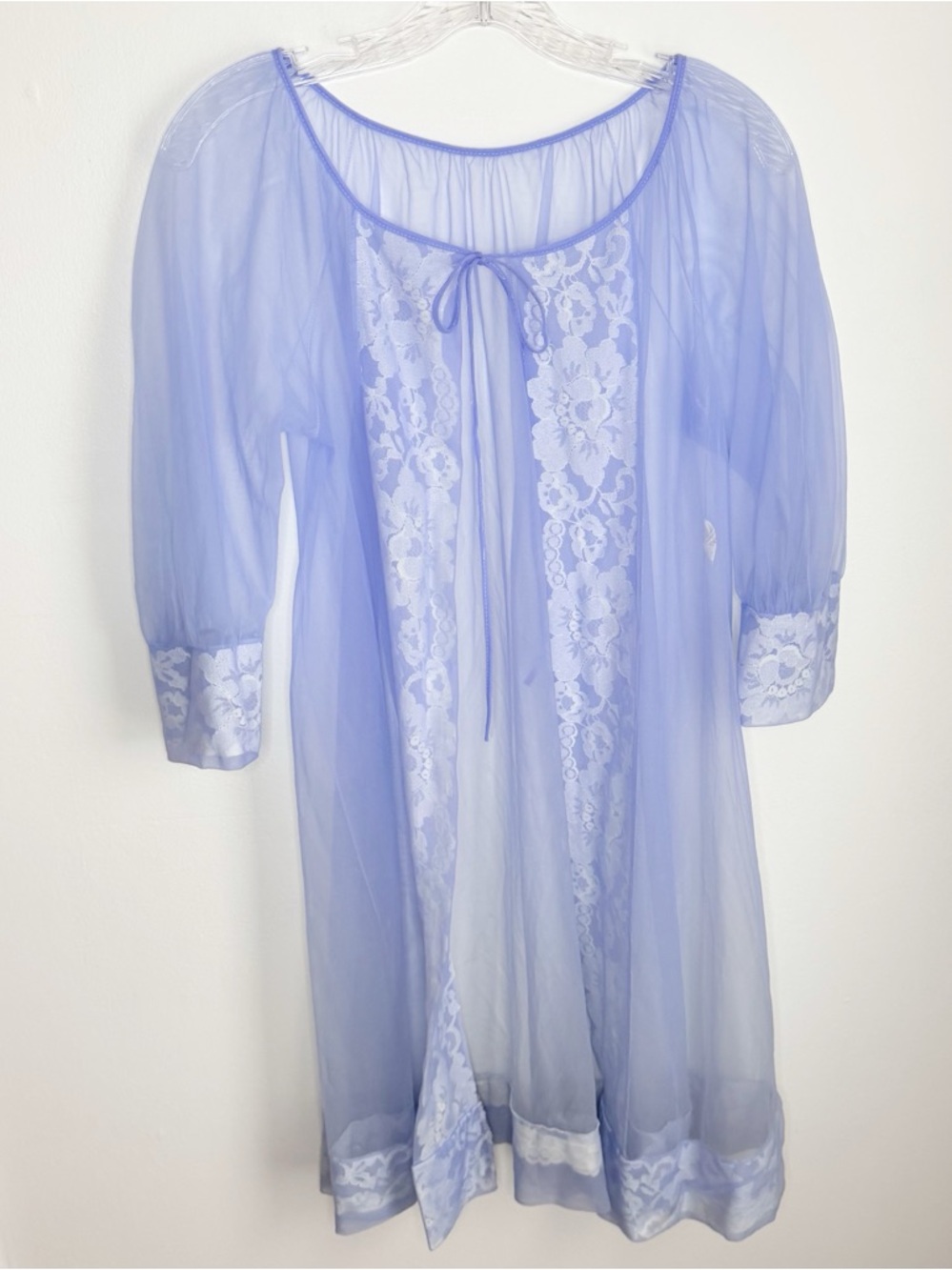Vintage Periwinkle Peignoir Robe with Lace Panels & Cuffs Encased in Gauzy Mesh